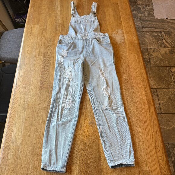 Forever 21 Light Wash Overalls Distressed Size 28 - Picture 2 of 11